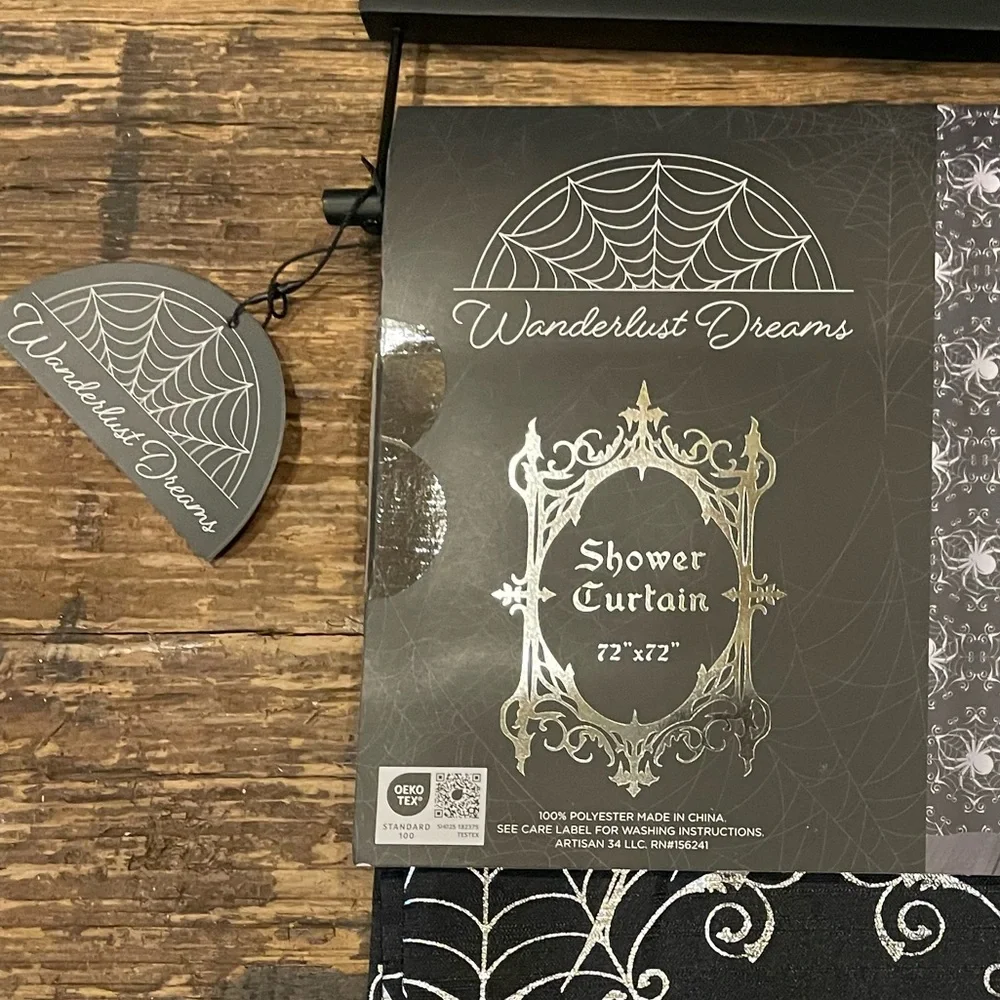 WANDERLUST DREAMS NWT Black W/Metallic Silver Spiders Halloween Shower Curtain